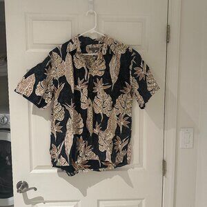 Koa Road Hawaiian Style Shirt Large Leaf Print Navy Blue Tan Short Sleeves